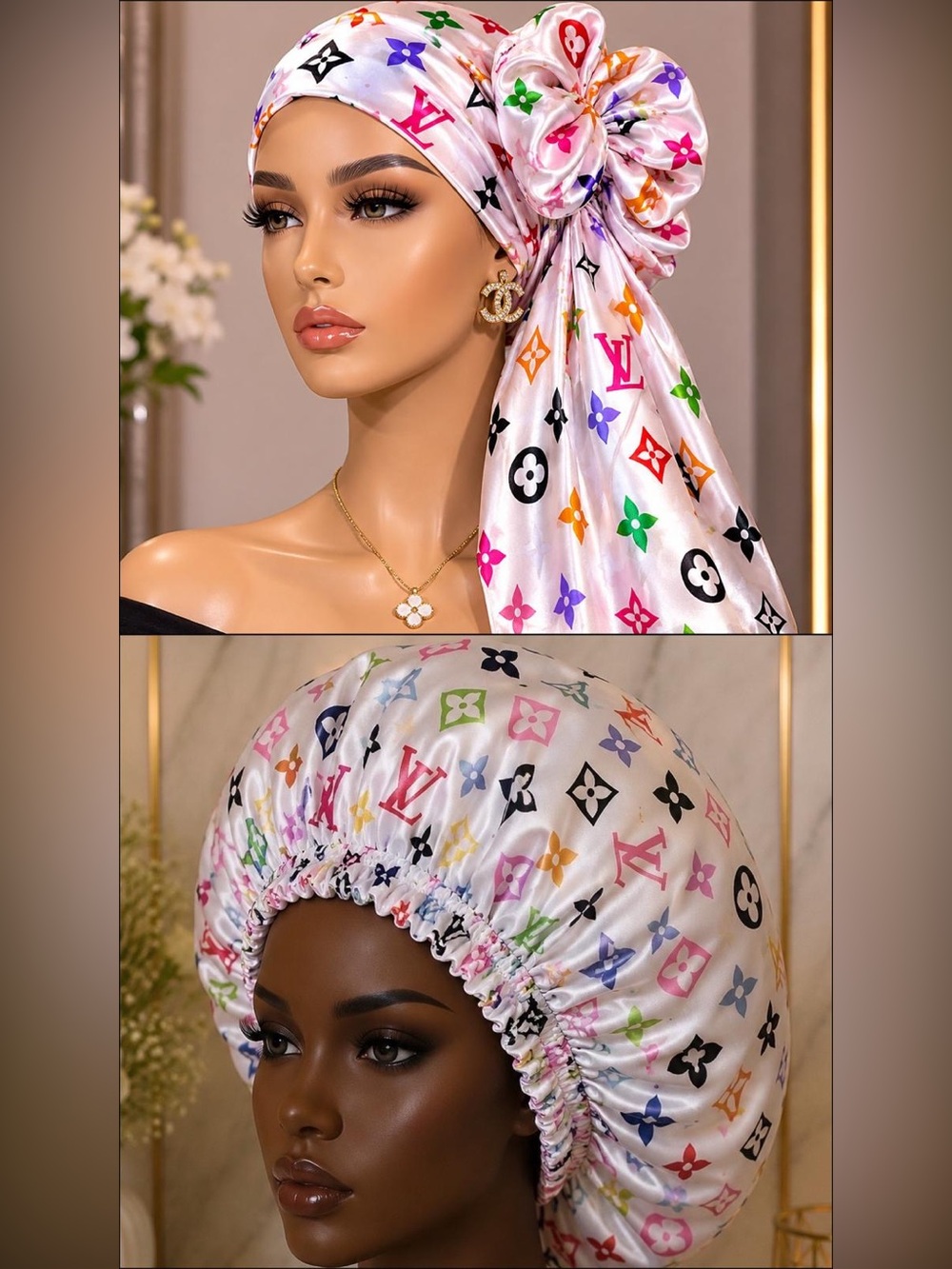 Luxury Multicolor Logo Satin Headscarf - White